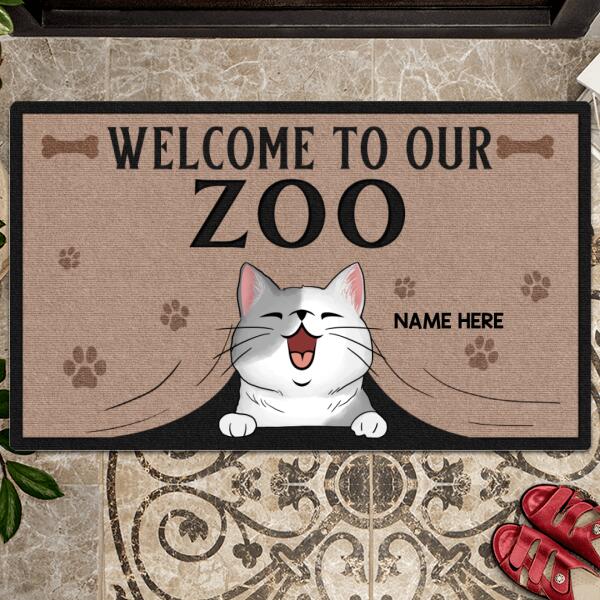 Welcome To Our Zoo, Cat Peeking From Curtain Doormat, Personalized Dog & Cat Doormat