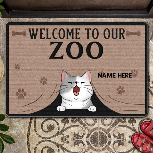 Welcome To Our Zoo, Cat Peeking From Curtain Doormat, Personalized Dog & Cat Doormat