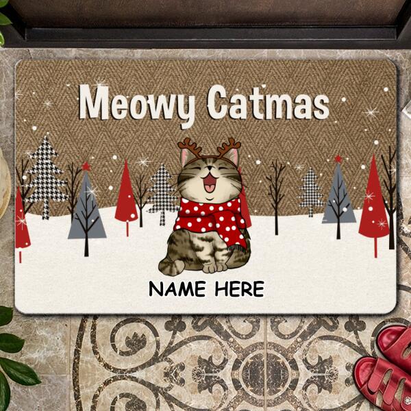 Meowy Catmas, Argyle Pattern Coir Yarn, Personalized Cat Christmas Doormat