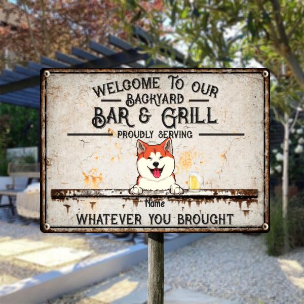 Welcome To Our Backyard Bar & Grill, Pet & Beverage Sign, Personalized Dog & Cat Metal Sign