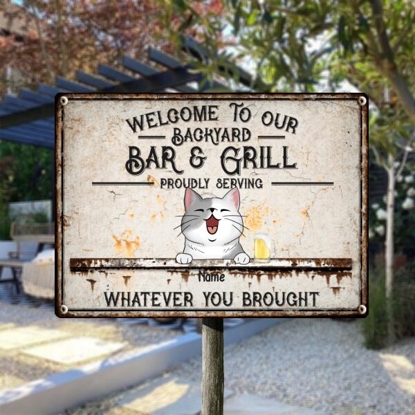 Welcome To Our Backyard Bar & Grill, Cat & Beverage Sign, Personalized Cat Breeds Metal Sign