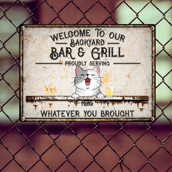 Welcome To Our Backyard Bar & Grill, Cat & Beverage Sign, Personalized Cat Breeds Metal Sign