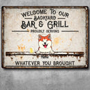 Welcome To Our Backyard Bar & Grill, Dog & Beverage Sign, Personalized Dog Breeds Metal Sign