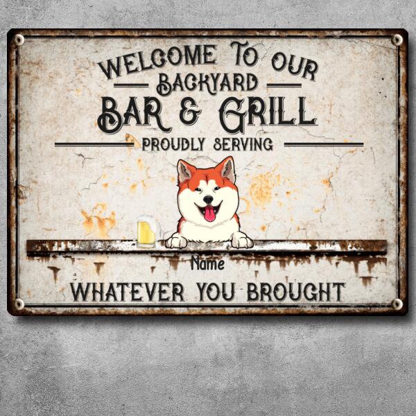 Welcome To Our Backyard Bar & Grill, Dog & Beverage Sign, Personalized Dog Breeds Metal Sign