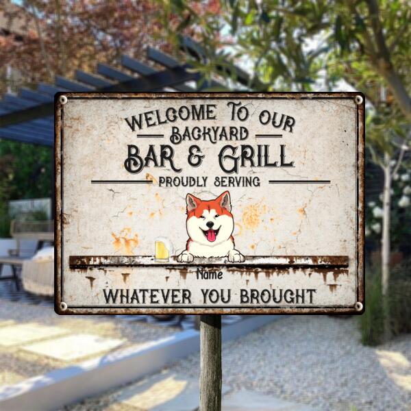 Welcome To Our Backyard Bar & Grill, Dog & Beverage Sign, Personalized Dog Breeds Metal Sign