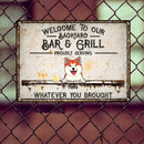 Welcome To Our Backyard Bar & Grill, Dog & Beverage Sign, Personalized Dog Breeds Metal Sign