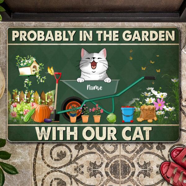 Probably In The Garden With Our Cats, Cat On The Wheelbarrow, Personalized Cat Doormat