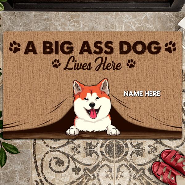 A Big Ass Dog Lives Here, Dog Peeking From Curtain, Personalized Dog Breeds Doormat, Gifts For Dog Lovers