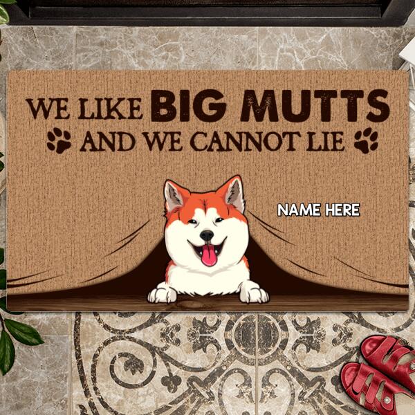 We Like Big Mutts And We Can Not Lie, Dog Peeking From Curtain, Personalized Dog Breeds Doormat, Gifts For Dog Lovers