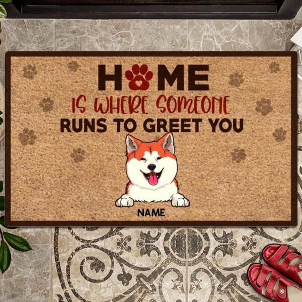 Home Is Where Someone Runs To Greet You, Pawprints Doormat, Personalized Dog Breeds Doormat, Gifts For Dog Lovers