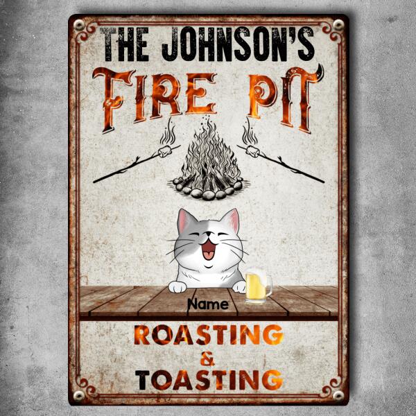 Family Fire Pit Roasting & Toasting, Cat & Beverage, Personalized Cat Lovers Metal Sign