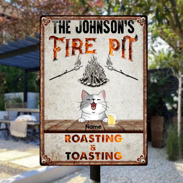 Family Fire Pit Roasting & Toasting, Cat & Beverage, Personalized Cat Lovers Metal Sign