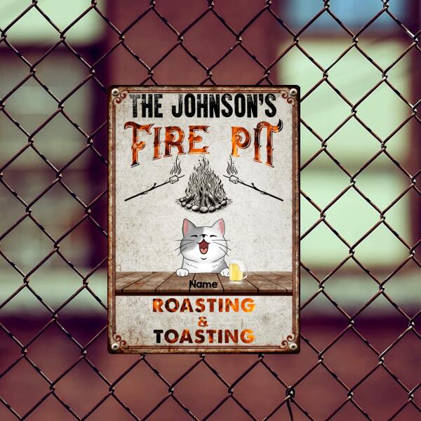 Family Fire Pit Roasting & Toasting, Cat & Beverage, Personalized Cat Lovers Metal Sign