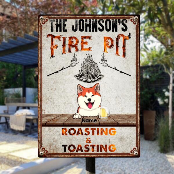 Family Fire Pit Roasting & Toasting, Dog & Cat & Beverage, Personalized Dog & Cat Lovers Metal Sign