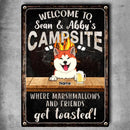 Welcome To Family Camp Site, Where Marshmallows And Friends Get Toasted, Dog & Beverage, Personalized Dog Lovers Metal Sign