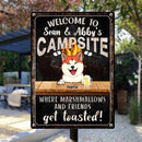 Welcome To Family Camp Site, Where Marshmallows And Friends Get Toasted, Dog & Beverage, Personalized Dog Lovers Metal Sign