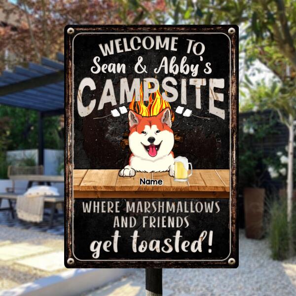 Welcome To Family Camp Site, Where Marshmallows And Friends Get Toasted, Dog & Beverage, Personalized Dog Lovers Metal Sign