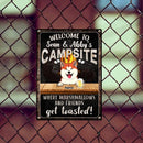 Welcome To Family Camp Site, Where Marshmallows And Friends Get Toasted, Dog & Beverage, Personalized Dog Lovers Metal Sign