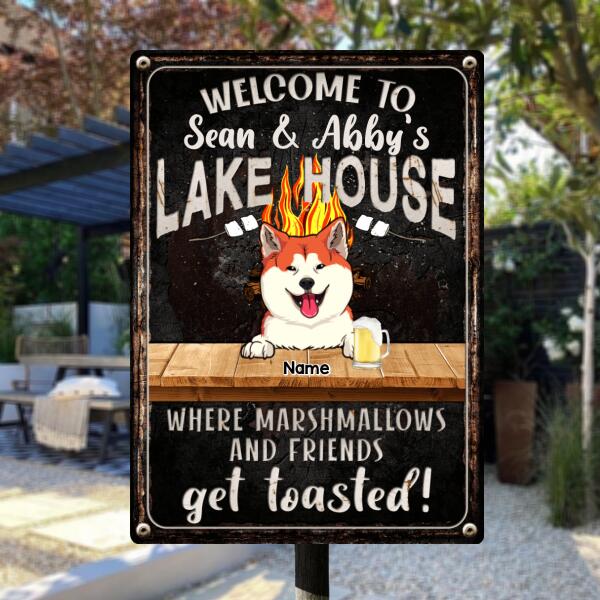 lake house decor Welcome To Family Lake House, Where Marshmallows And Friends Get Toasted, Dog & Beverage, Personalized Dog Lovers Metal Sign