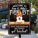 Welcome To Family Fire Pit, Where Marshmallows And Friends Get Toasted, Dog & Beverage, Personalized Dog Lovers Metal Sign