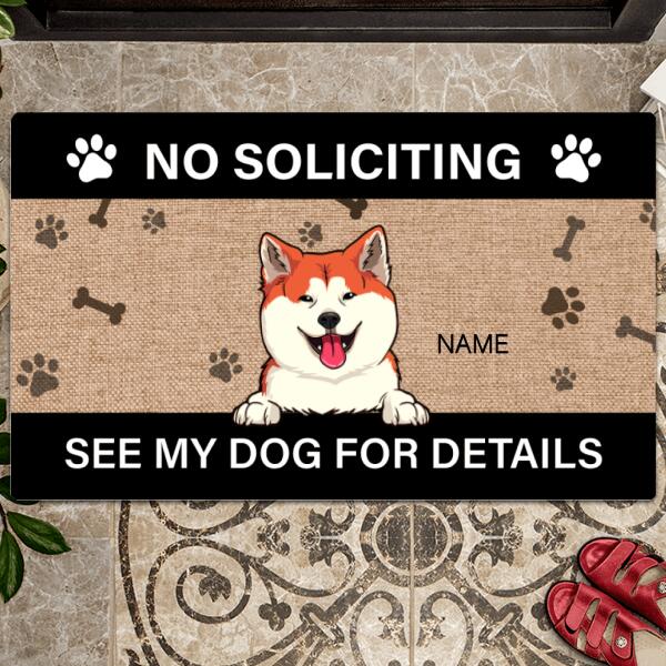 No Soliciting See My Dogs For Details, Pawprints And Bones, Personalized Dog Breeds Doormat, Gifts For Dog Lovers