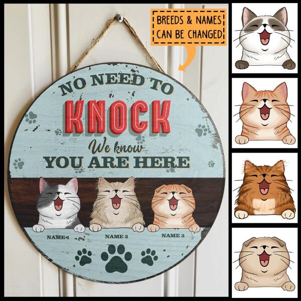 No Need To Knock, We Know You Are Here, Blue Pastel Retro Style, Personalized Cat Lovers Door Sign