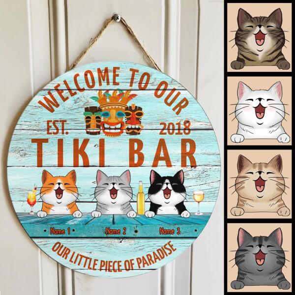 Welcome To Our Tiki Bar Our Little Piece Of Paradise, Hawaii Style Door Hanger, Personalized Cat Breeds Door Sign