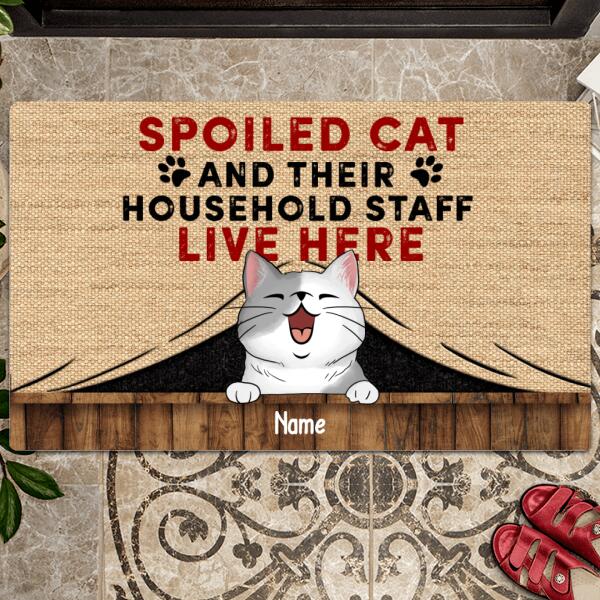 Spoiled Cats And Their HouseHold Staff Live Here, Cats Under Curtain, Personalized Cat Lovers Doormat