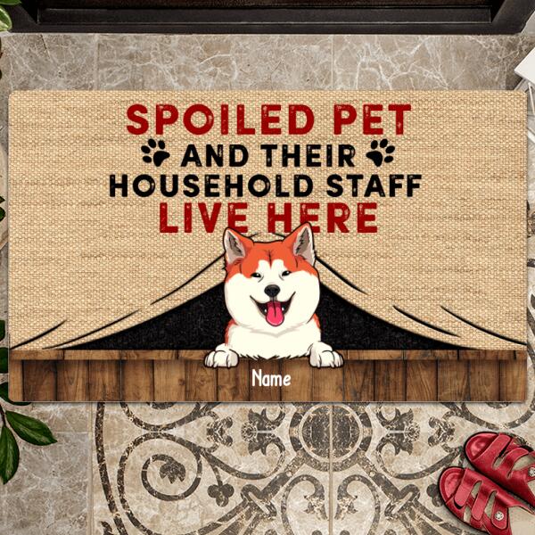 Spoiled Pets And Their HouseHold Staff Live Here, Pets Under Curtain, Personalized Dog & Cat Lovers Doormat