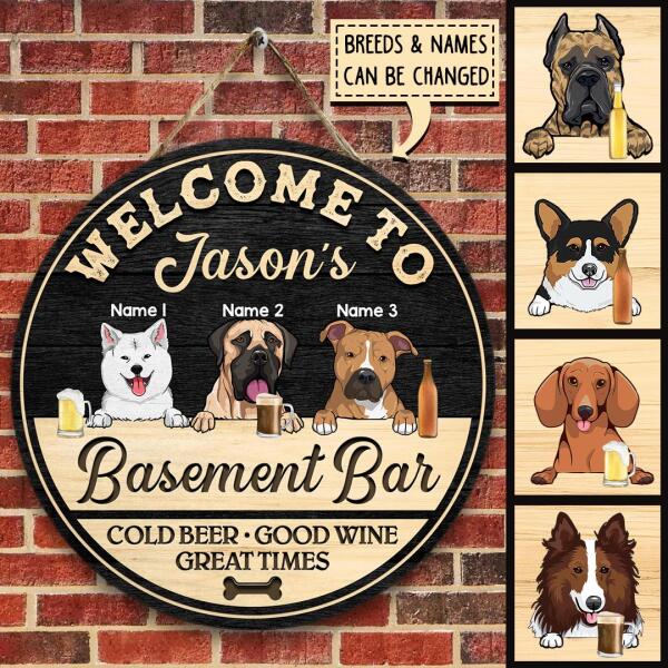 Welcome To Family's Basement Bar, Cold Beer Good Wine Great Times, Black & Yellow Background, Personalized Dog Lovers Door Sign