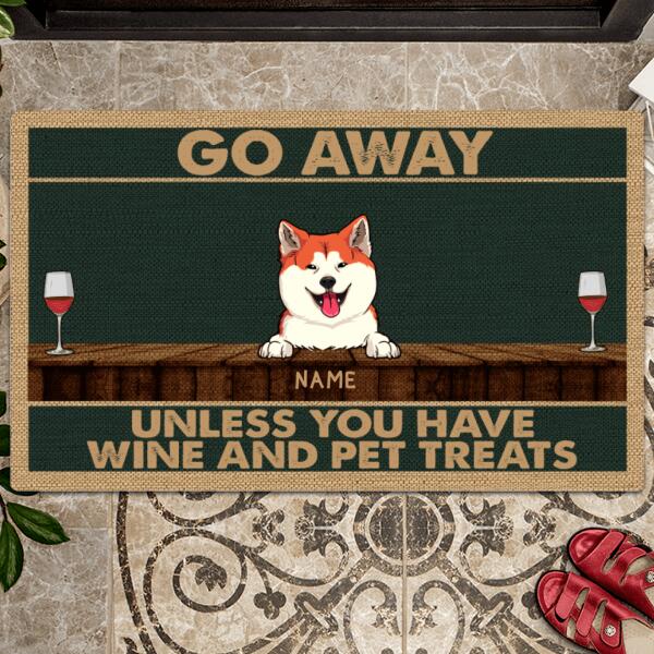 Go Away, Unless You Have Wine And Pet Treats, Dark Green Background, Personalized Dog & Cat Lovers Doormat