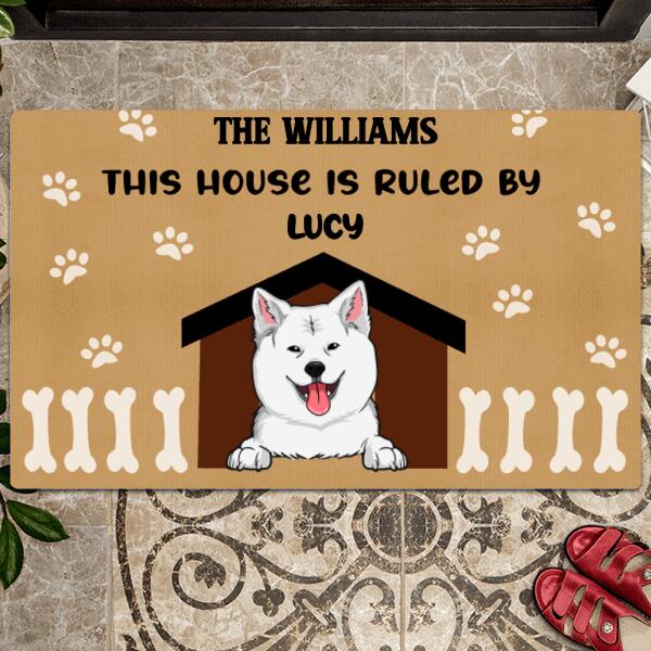 This House Is Ruled By Dogs, Light Brown With Pawprints & Bones & House Sign, Personalized Dog Lovers Doormat