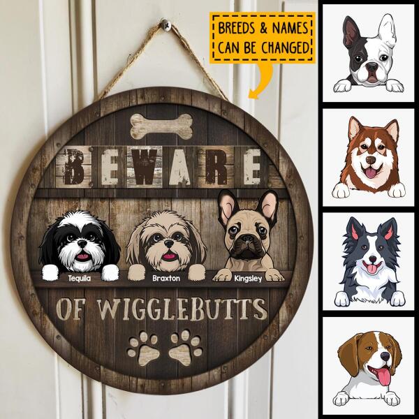 Beware Of Wigglebutts, Wooden Background, Personalized Dog Breed Door Sign, Gift For Dog Lovers