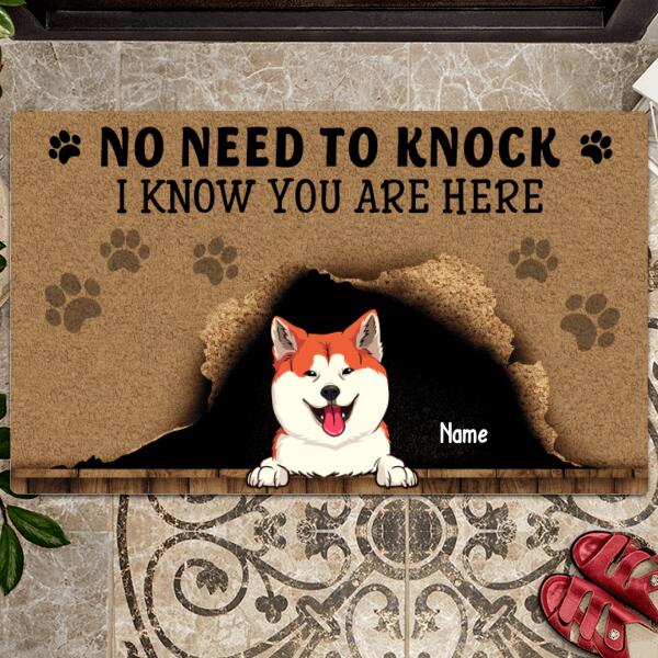 No Need To Knock, We Know You Are Here, Cute Naughty Pet & Brown Background, Personalized Dog& Cat Lovers Doormat
