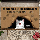 No Need To Knock, We Know You Are Here, Cute Naughty Cat & Brown Background, Personalized Cat Lovers Doormat