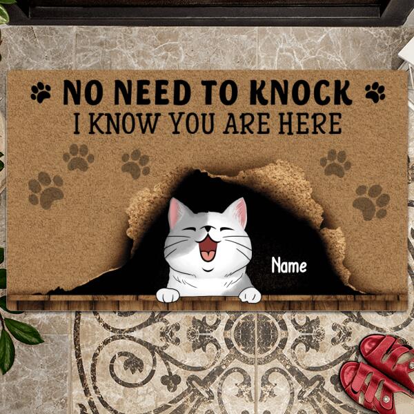 No Need To Knock, We Know You Are Here, Cute Naughty Cat & Brown Background, Personalized Cat Lovers Doormat