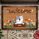Welcome, Pet With Flowers Doormat, Personalized Dog & Cat Doormat, Home Decor, Gifts For Pet Lovers