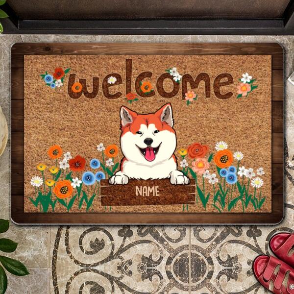 Welcome, Dog With Flowers Doormat, Personalized Dog Breeds Doormat, Home Decor, Gifts For Dog Lovers