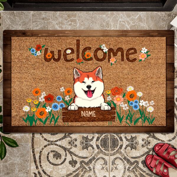 Welcome, Dog With Flowers Doormat, Personalized Dog Breeds Doormat, Home Decor, Gifts For Dog Lovers