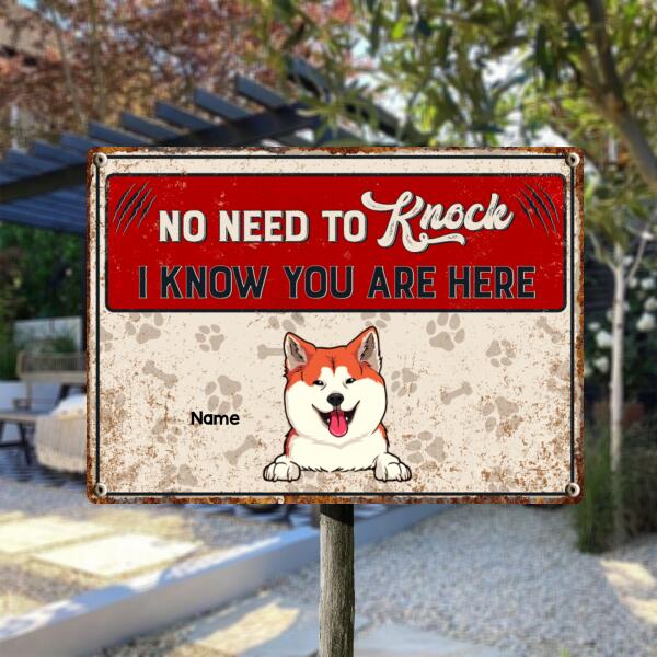 No Need to Knock We Know You Are Here, Pawprints & Bones Sign, Personalized Dog & Cat Metal Sign, Outdoor Decor