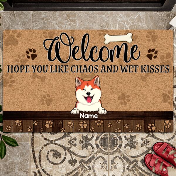 Welcome, Hope You Like Chaos And Wet Kisses, Dog Paw With Brown Background, Personalized Dog Lovers Doormat