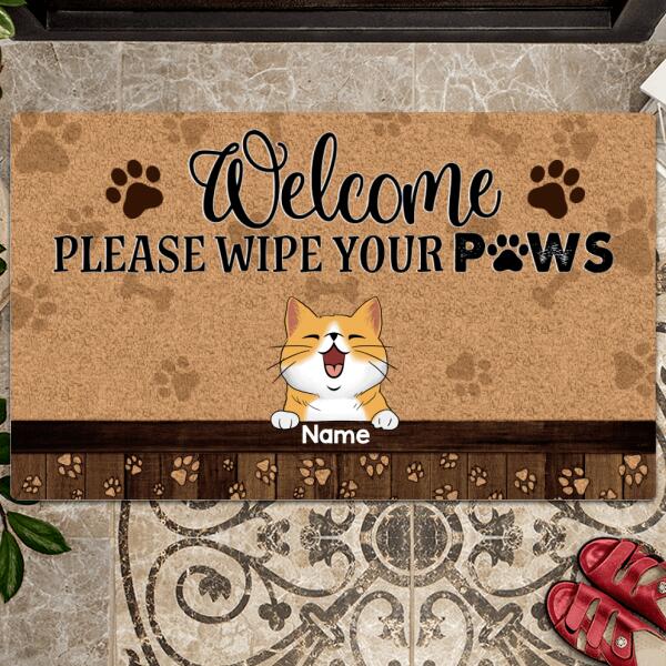 Welcome, Please Wipe Your Paws, Cat Paw With Brown Background, Personalized Cat Lovers Doormat