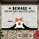 Beware Our Dogs Can't Hold Their Licker, Dog Peeking From Curtain, Warning Doormat, Personalized Dog Breeds Doormat