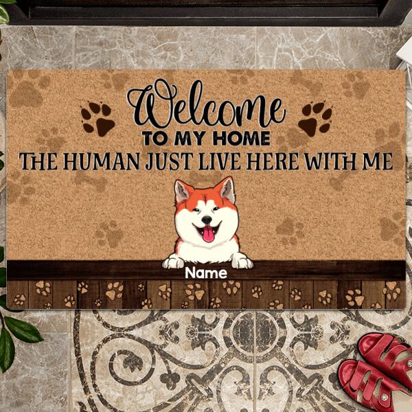 Welcome To Our Home, The Humans Just Live Here With Us, Pet Paw With Brown Background, Personalized Pet Lovers Doormat