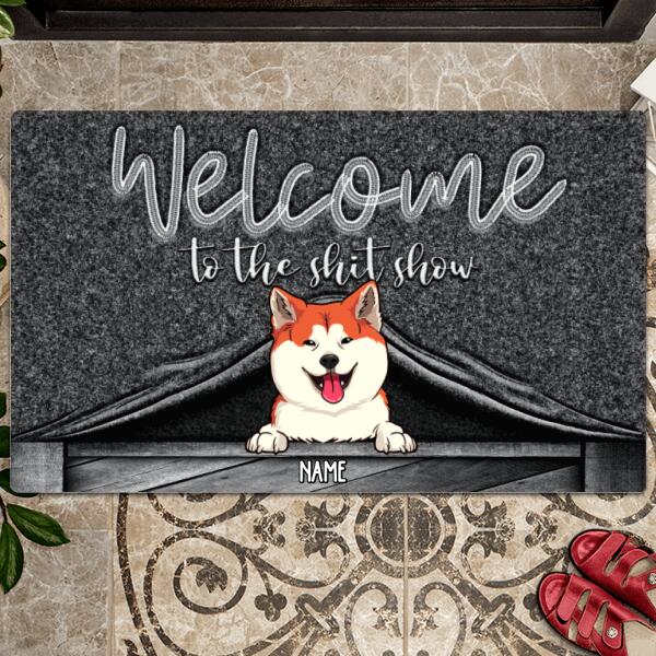 Welcome To The Shitshow, Dog Peeking From Curtain, Dark Doormat, Personalized Dog Breeds Doormat