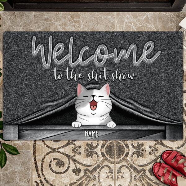 Welcome To The Shitshow, Cat Peeking From Curtain, Dark Doormat, Personalized Cat Breeds Doormat