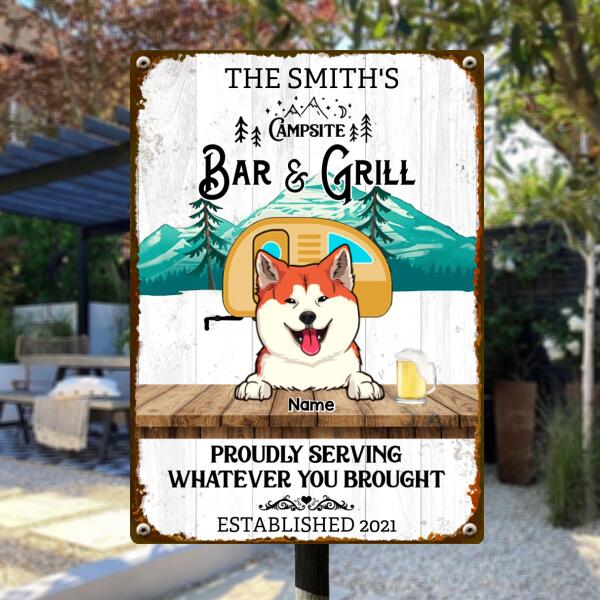 Campsite Bar & Grill Proudly Serving Whatever You Brought, Camping Sign, Personalized Dog & Cat Metal Sign