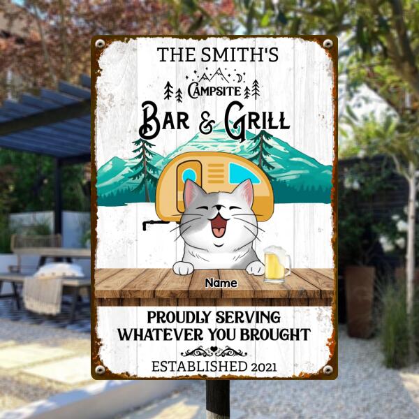 Campsite Bar & Grill Proudly Serving Whatever You Brought, Camping Sign, Personalized Cat Breeds Metal Sign