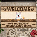 Welcome Hope You Brought Alcohol & Dog Treats, Pawprints & Bone Doormat, Personalized Dog Breeds Doormat
