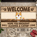 Welcome Hope You Brought Alcohol & Catnip, Pawprints & Fish Bone Doormat, Personalized Cat Breeds Doormat